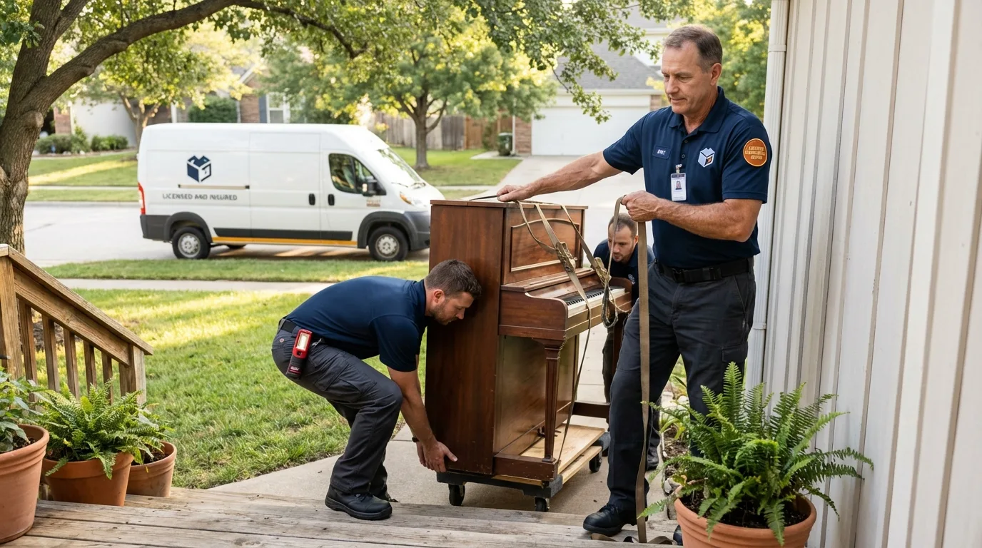 Licensed piano movers securing grand piano in Fair Grove, MO