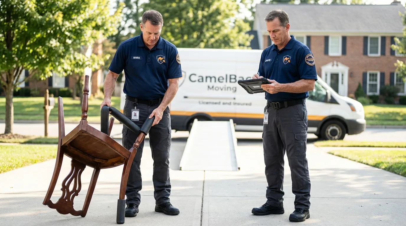 Movers inspecting furniture for damage prevention before loading in Fair Grove, MO