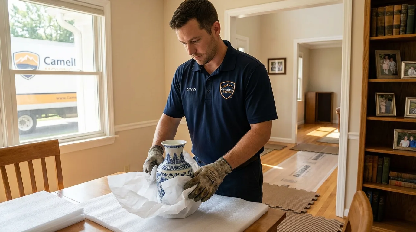 Professional crew carefully wrapping antique vase for senior downsizing move in Fair Grove, MO